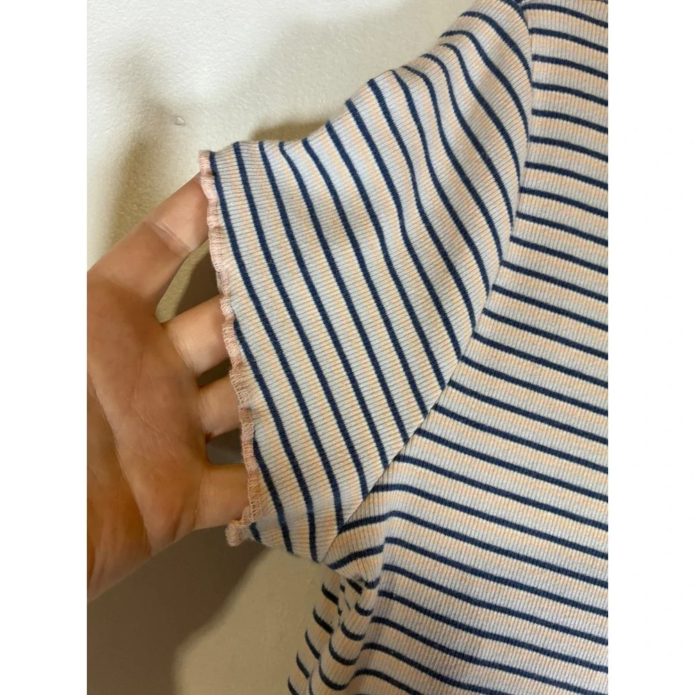 XL Pink Blue Striped Baby Tee Cropped Ribbed Lettuce Hem Y2K Coastal Top